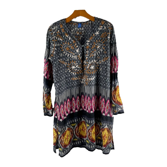 Raj Tops - Raj Made in India Gray Hand Embroidered Tunic Blouse Size Large EUC